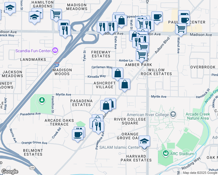 map of restaurants, bars, coffee shops, grocery stores, and more near 4612 Ashdale Court in Sacramento