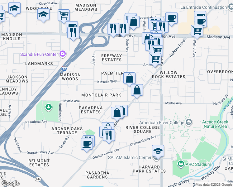 map of restaurants, bars, coffee shops, grocery stores, and more near 4612 Ashdale Court in Sacramento