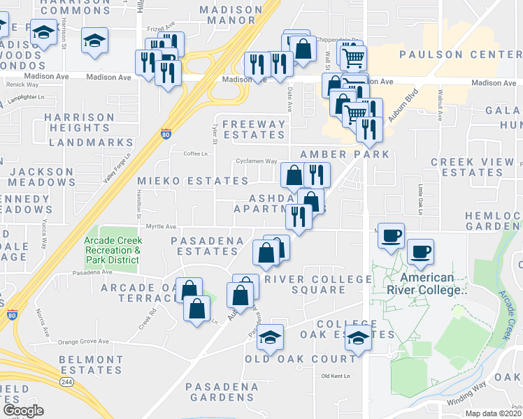 map of restaurants, bars, coffee shops, grocery stores, and more near 4532 Ashcroft Avenue in Sacramento