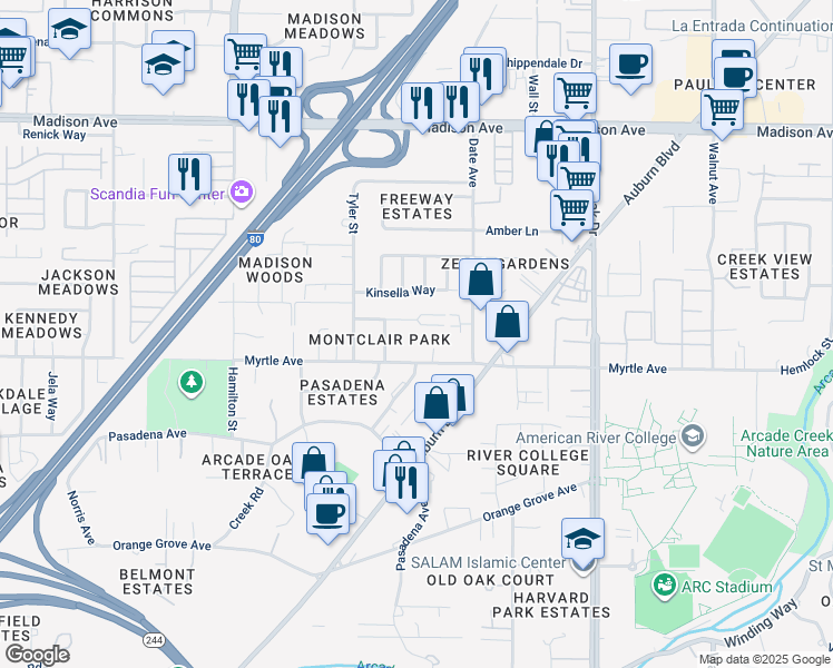 map of restaurants, bars, coffee shops, grocery stores, and more near 4532 Ashcroft Avenue in Sacramento
