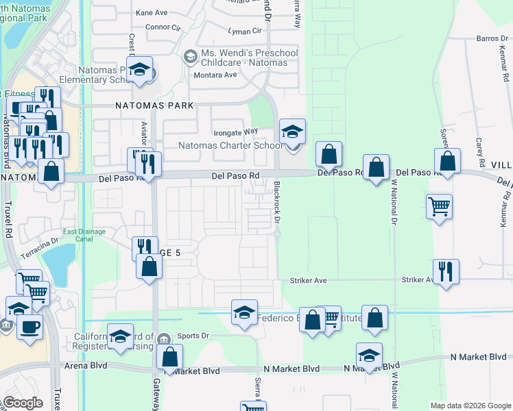map of restaurants, bars, coffee shops, grocery stores, and more near 1675 Scarlet Ash Avenue in Sacramento