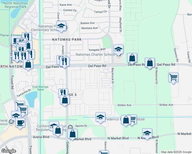 map of restaurants, bars, coffee shops, grocery stores, and more near 4559 Golden Cedar Street in Sacramento