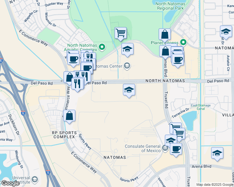 map of restaurants, bars, coffee shops, grocery stores, and more near 2414 Del Paso Rd in Sacramento