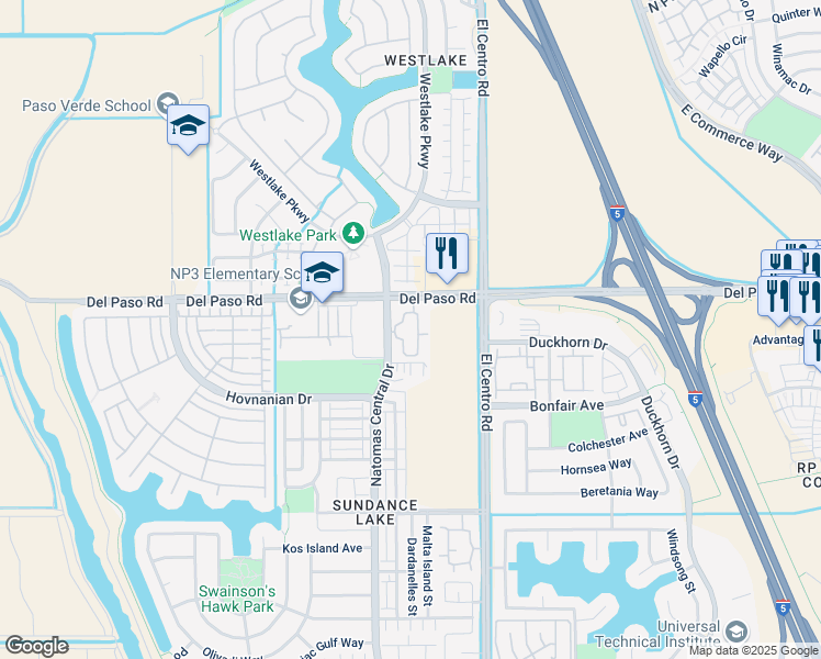 map of restaurants, bars, coffee shops, grocery stores, and more near 4500 Natomas Central Drive in Sacramento