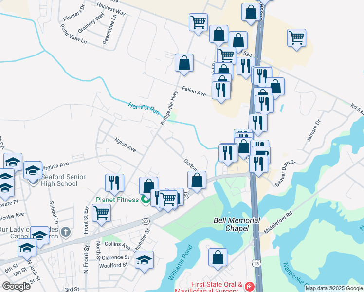 map of restaurants, bars, coffee shops, grocery stores, and more near 52 Seaford Meadows Drive in Seaford