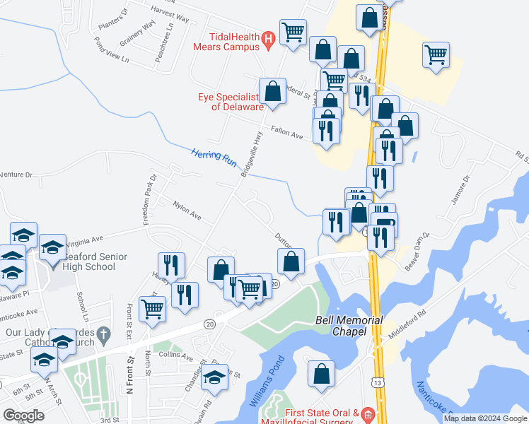 map of restaurants, bars, coffee shops, grocery stores, and more near 86/89 Seaford Meadows Drive in Seaford
