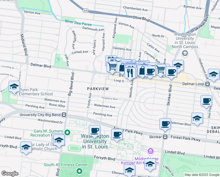 map of restaurants, bars, coffee shops, grocery stores, and more near 6672 Washington Avenue in University City