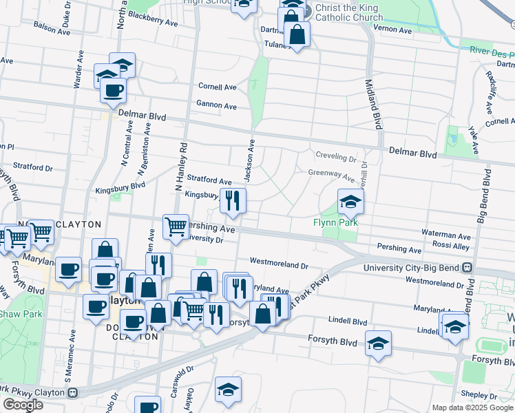 map of restaurants, bars, coffee shops, grocery stores, and more near 7387 Norwood Avenue in University City