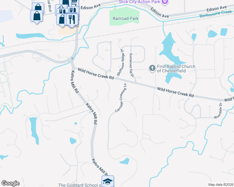 map of restaurants, bars, coffee shops, grocery stores, and more near 1309 Carriage Crossing Lane in Chesterfield