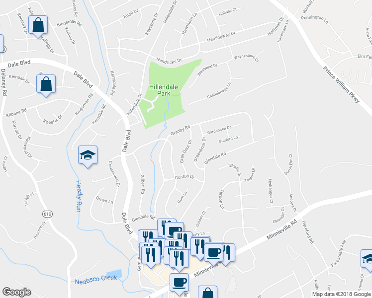 map of restaurants, bars, coffee shops, grocery stores, and more near 13719 Gran Deur Drive in Woodbridge