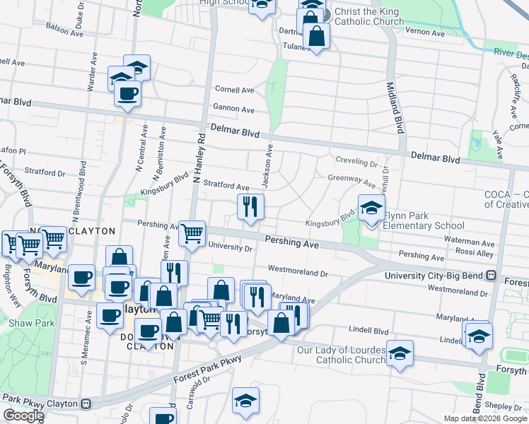 map of restaurants, bars, coffee shops, grocery stores, and more near 7387 Norwood Avenue in University City
