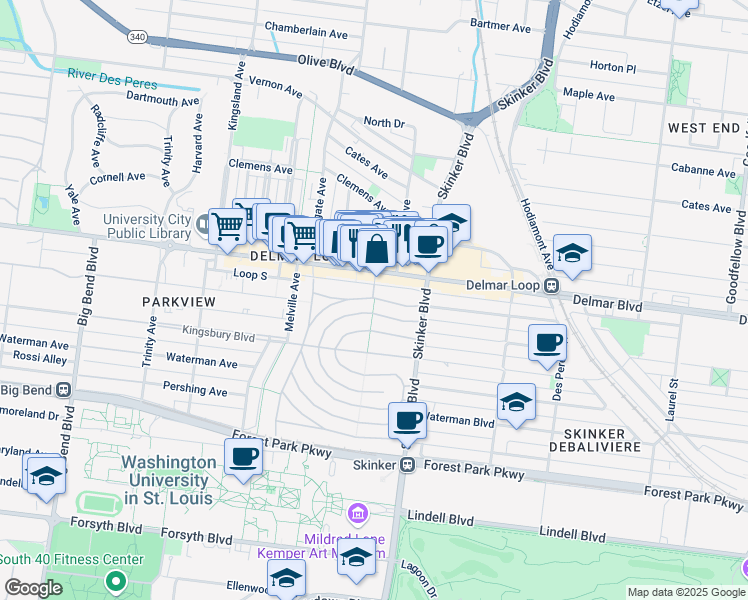 map of restaurants, bars, coffee shops, grocery stores, and more near 3714 Washington Avenue in St. Louis