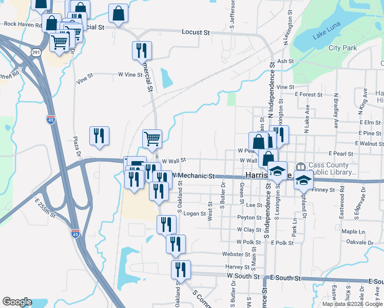 map of restaurants, bars, coffee shops, grocery stores, and more near 706 West Wall Street in Harrisonville