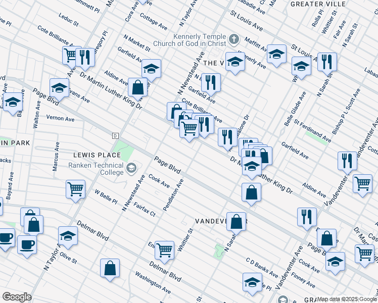 map of restaurants, bars, coffee shops, grocery stores, and more near 4315 Evans Avenue in St. Louis