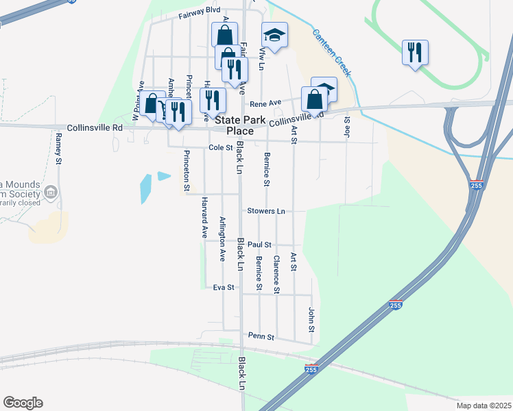 map of restaurants, bars, coffee shops, grocery stores, and more near 8807 Stowers Lane in Collinsville