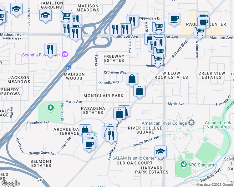 map of restaurants, bars, coffee shops, grocery stores, and more near 4532 Ashcroft Avenue in Sacramento