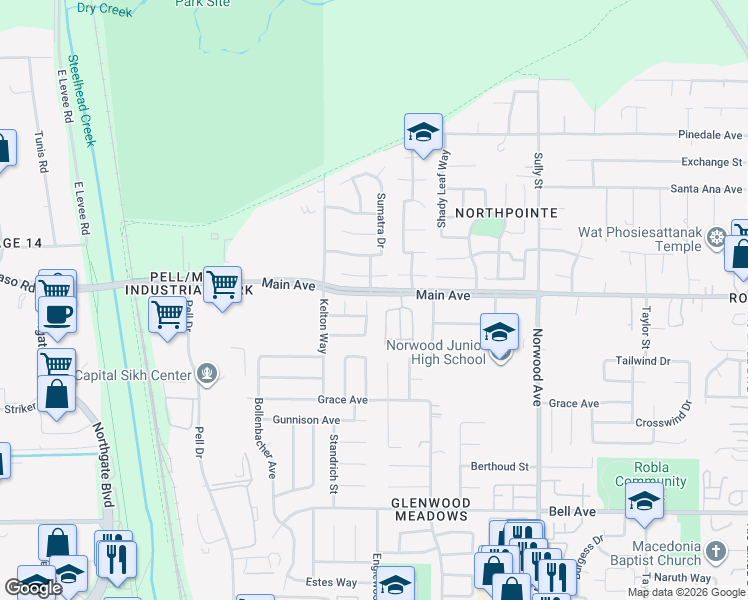 map of restaurants, bars, coffee shops, grocery stores, and more near 268 Arbor Crest Way in Sacramento