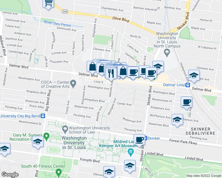 map of restaurants, bars, coffee shops, grocery stores, and more near 6615 Washington Avenue in University City
