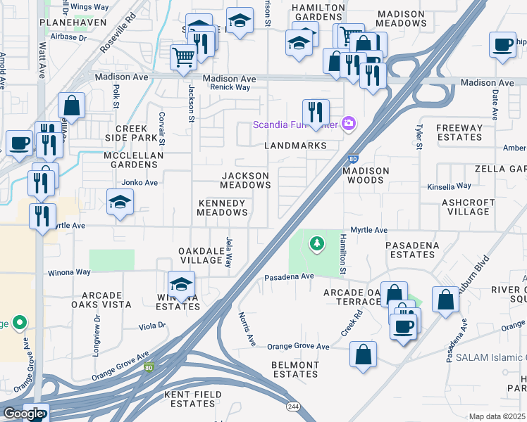 map of restaurants, bars, coffee shops, grocery stores, and more near 4921 Harrison Street in North Highlands
