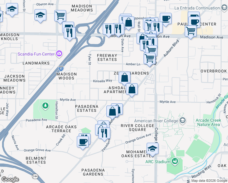 map of restaurants, bars, coffee shops, grocery stores, and more near 4552 Ashcroft Avenue in Sacramento