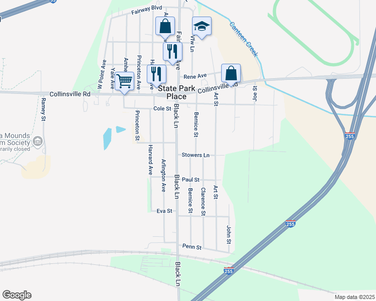map of restaurants, bars, coffee shops, grocery stores, and more near 8807 Stowers Lane in Collinsville