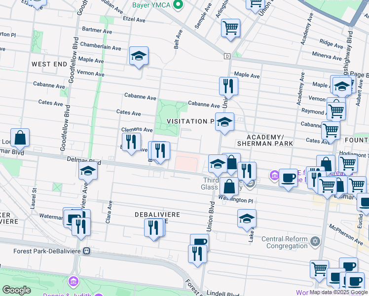 map of restaurants, bars, coffee shops, grocery stores, and more near 5401 Enright Avenue in St. Louis