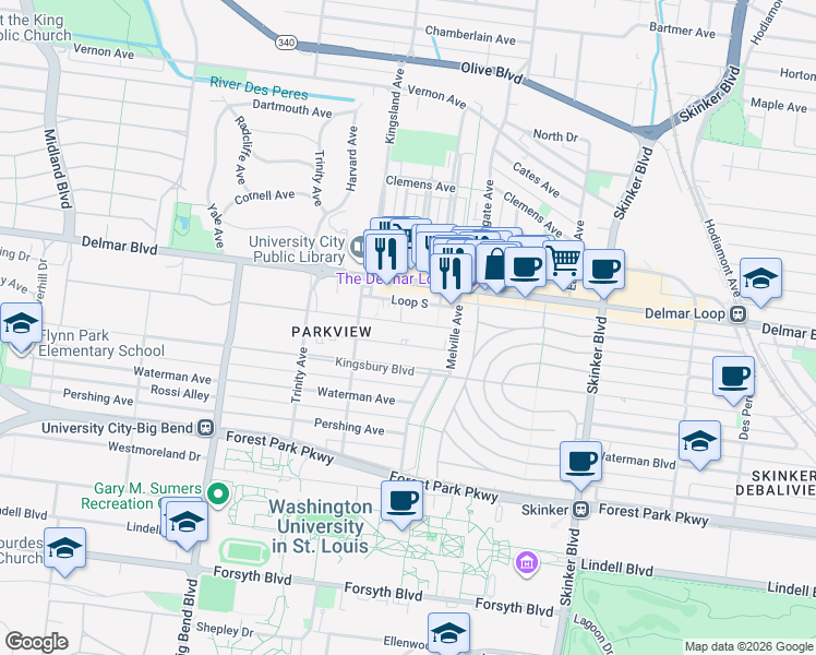 map of restaurants, bars, coffee shops, grocery stores, and more near 6640 Washington Avenue in St. Louis