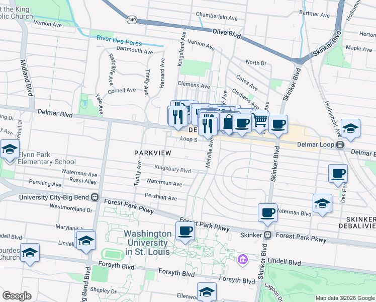 map of restaurants, bars, coffee shops, grocery stores, and more near 6640 Washington Avenue in St. Louis