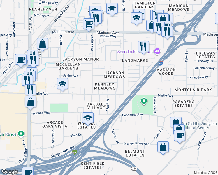 map of restaurants, bars, coffee shops, grocery stores, and more near 4007 Carriebee Court in North Highlands