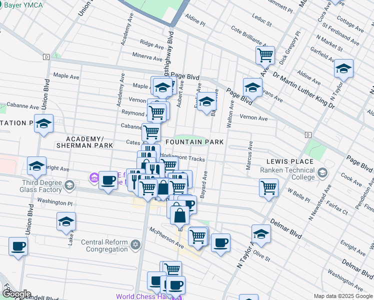 map of restaurants, bars, coffee shops, grocery stores, and more near 4928 Fountain Avenue in St. Louis