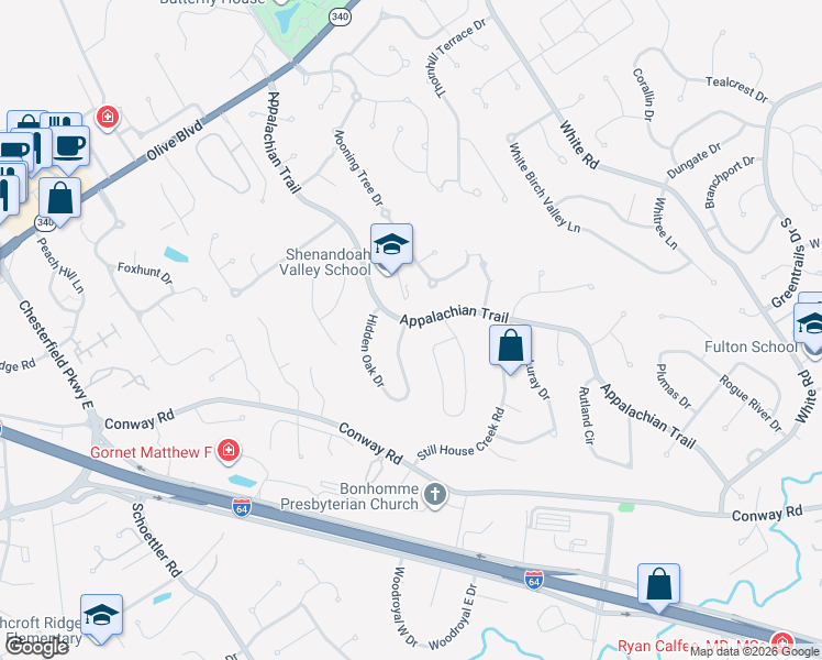 map of restaurants, bars, coffee shops, grocery stores, and more near 1205 Cedar Creek Road in Chesterfield