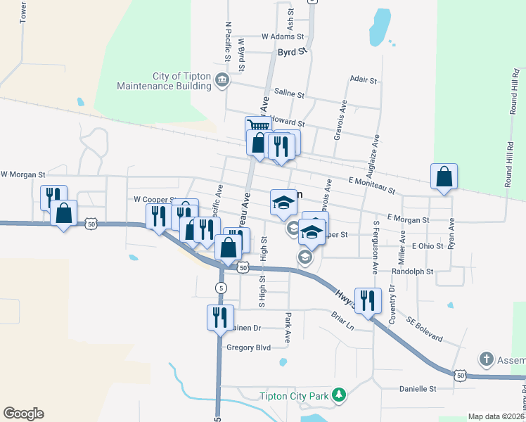 map of restaurants, bars, coffee shops, grocery stores, and more near in Tipton