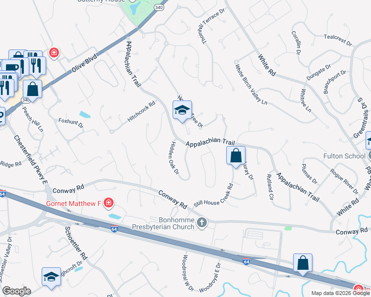 map of restaurants, bars, coffee shops, grocery stores, and more near 1205 Cedar Creek Road in Chesterfield