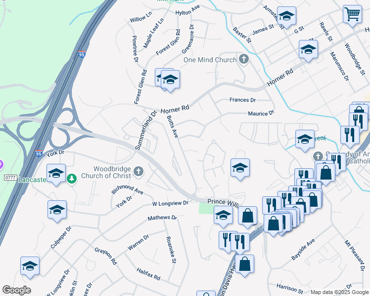 map of restaurants, bars, coffee shops, grocery stores, and more near 1708 Sharp Drive in Woodbridge