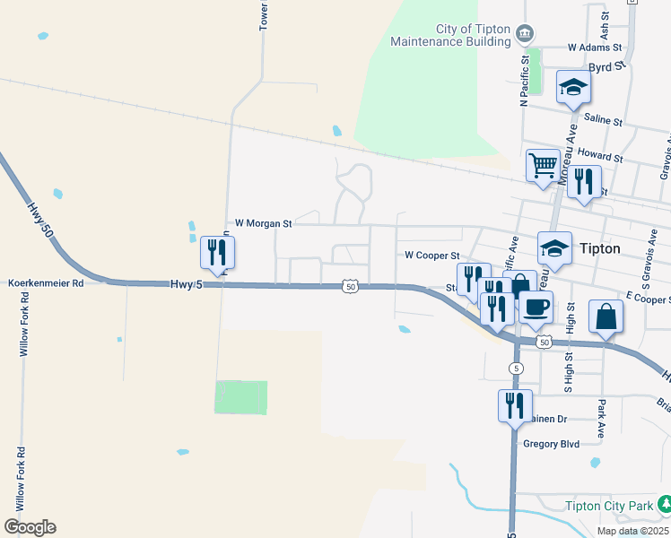 map of restaurants, bars, coffee shops, grocery stores, and more near 500-508 Missouri Street in Tipton