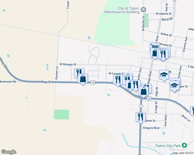 map of restaurants, bars, coffee shops, grocery stores, and more near 500 Missouri Street in Tipton