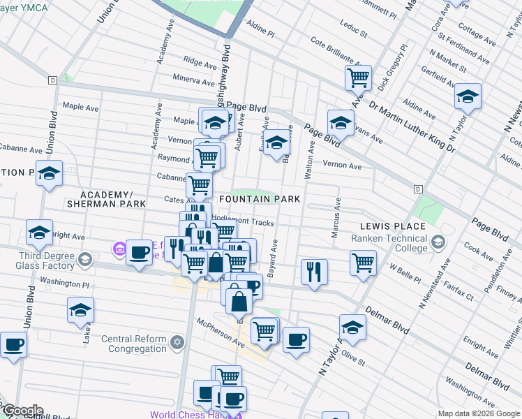 map of restaurants, bars, coffee shops, grocery stores, and more near 4870 Fountain Avenue in St. Louis