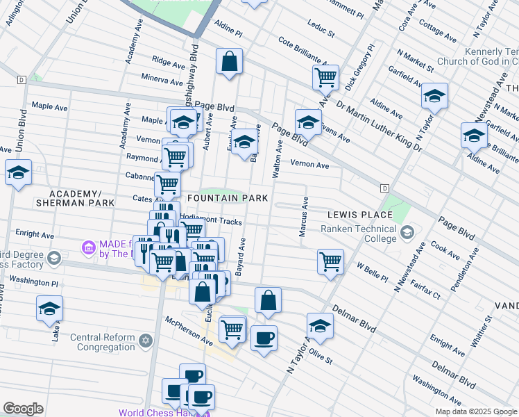 map of restaurants, bars, coffee shops, grocery stores, and more near 4826 Fountain Avenue in St. Louis