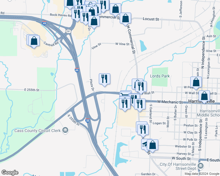 map of restaurants, bars, coffee shops, grocery stores, and more near 1700 East Mechanic Street in Harrisonville