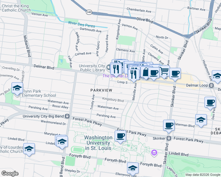 map of restaurants, bars, coffee shops, grocery stores, and more near 6678 Washington Avenue in St. Louis