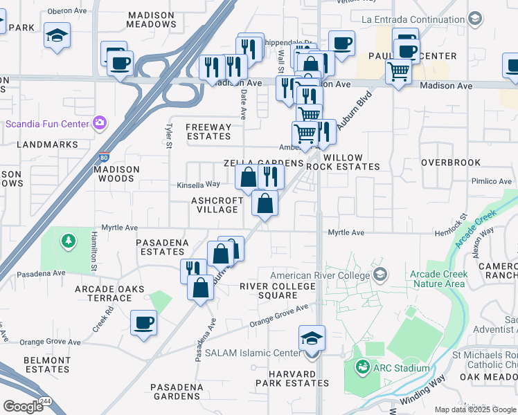 map of restaurants, bars, coffee shops, grocery stores, and more near 4727 Auburn Boulevard in Sacramento