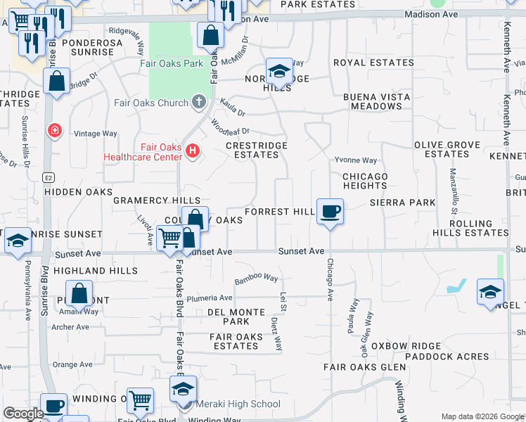 map of restaurants, bars, coffee shops, grocery stores, and more near 4913 Forrestal Street in Fair Oaks