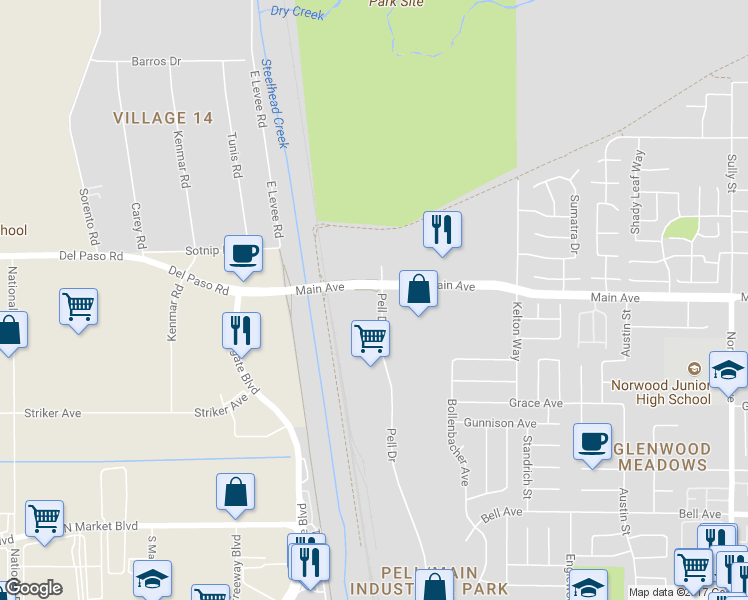 map of restaurants, bars, coffee shops, grocery stores, and more near 4791 Pell Drive in Sacramento