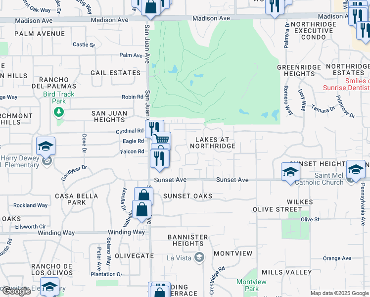 map of restaurants, bars, coffee shops, grocery stores, and more near 4900 Stamas Lane in Fair Oaks