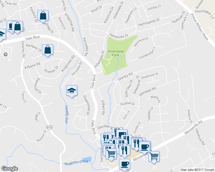 map of restaurants, bars, coffee shops, grocery stores, and more near 13676 Greenwood Drive in Woodbridge