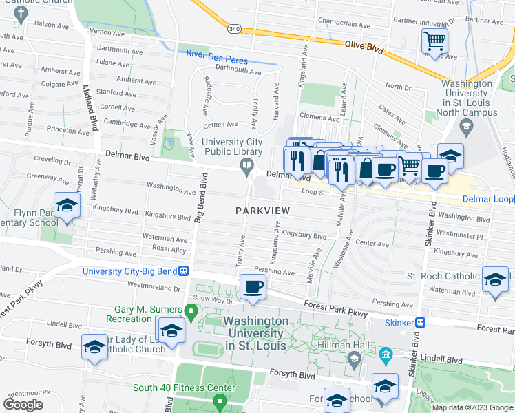map of restaurants, bars, coffee shops, grocery stores, and more near 524 Trinity Ave in St Louis