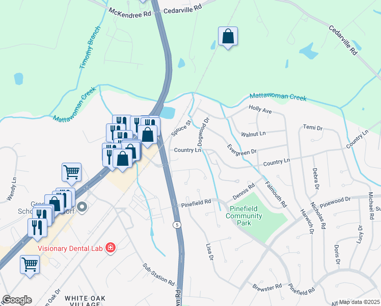 map of restaurants, bars, coffee shops, grocery stores, and more near 12635 Country Lane in Waldorf