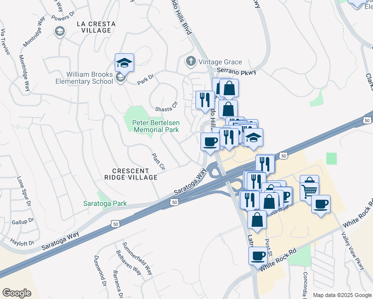 map of restaurants, bars, coffee shops, grocery stores, and more near 3899 Arrowhead Drive in El Dorado Hills