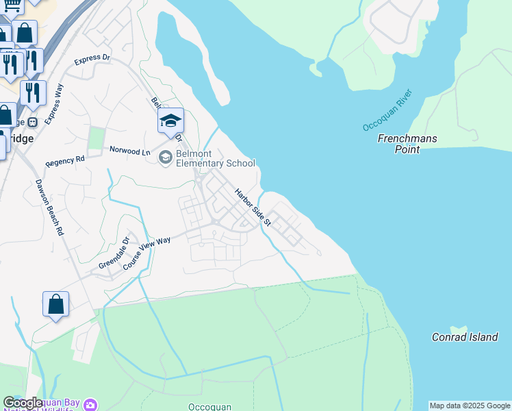 map of restaurants, bars, coffee shops, grocery stores, and more near 500 Harbor Side Street in Woodbridge