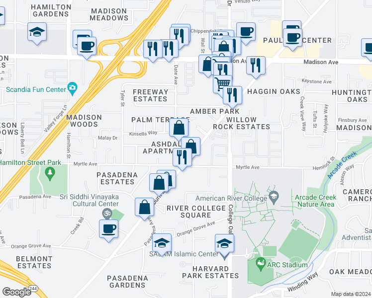 map of restaurants, bars, coffee shops, grocery stores, and more near 4727 Auburn Boulevard in Sacramento